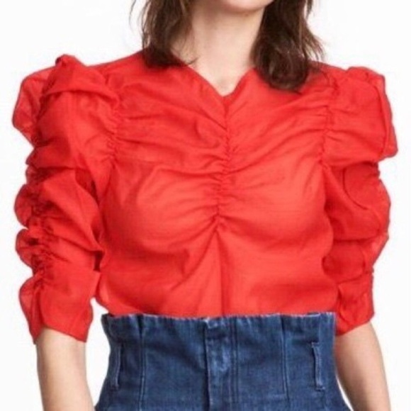 H&M Georgette Red Top V-neck Puff sleeves blouse - Picture 3 of 16